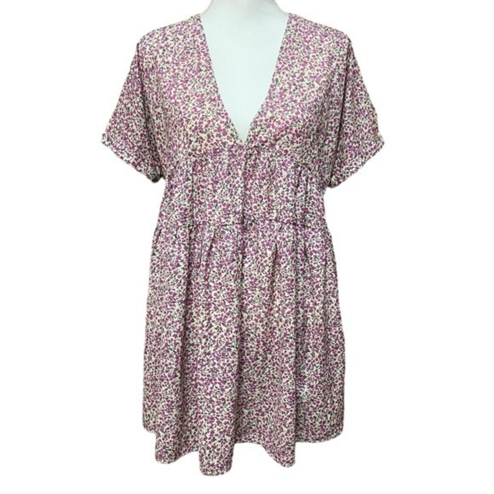 TCEC Women’s Medium Floral Babydoll‎ V Neck Mini Dress Short Sleeves